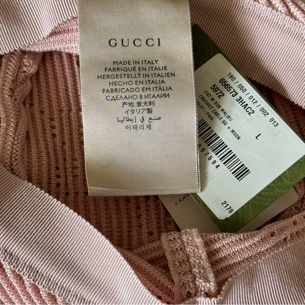 NWT~GUCCI~‘Malibu’ Leather-trimmed Crocheted Pink Bucket Hat - Large 58cm - Picture 9 of 14